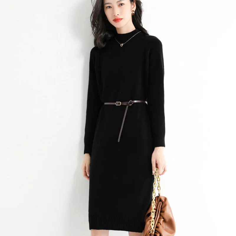 

Wool Blend Sweater Dress 2022 Fall/Winter Women's New Belt Slim Half High Neck Solid Color Pullover Base Sweater