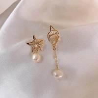 high quality beautiful natural white pearl five pointed star tassel asymmetric fashion earrings 1 pair a1400