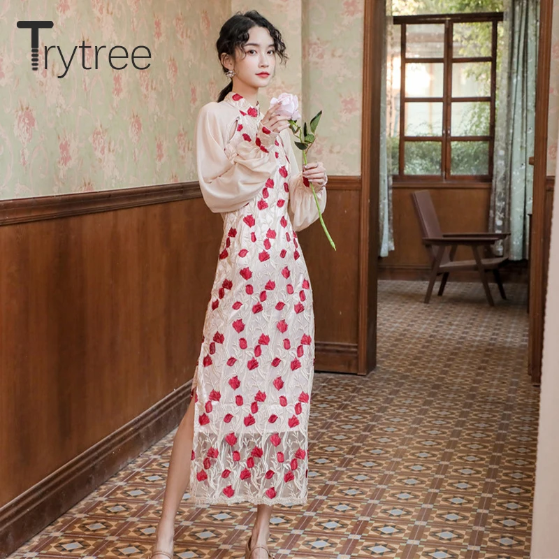 Весеннее женское платье Trytree 2020 Повседневное с воротником-стойкой и