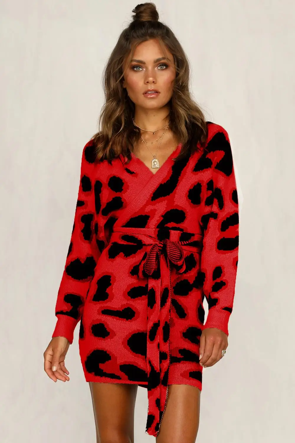 

Women Knitted Sweater Dress Wrap Belted Tunic Long Sleeve V Neck Autumn Dresses 2019 Sexy bag hip leopard knitted dress