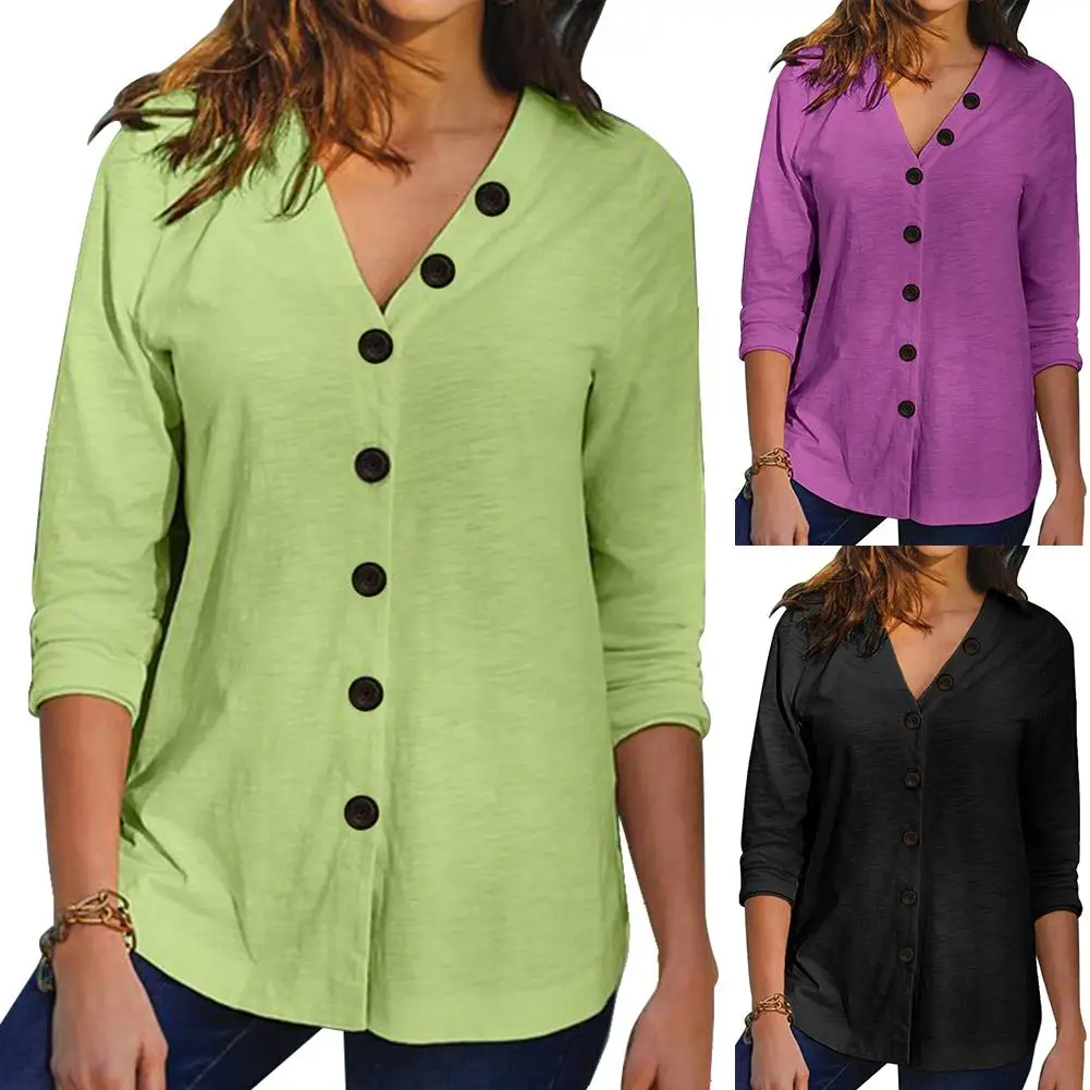 

Women Plus Szie Casual Shirt Solid Color Long Sleeve V Neck Leisure Single-breasted Blouse Top