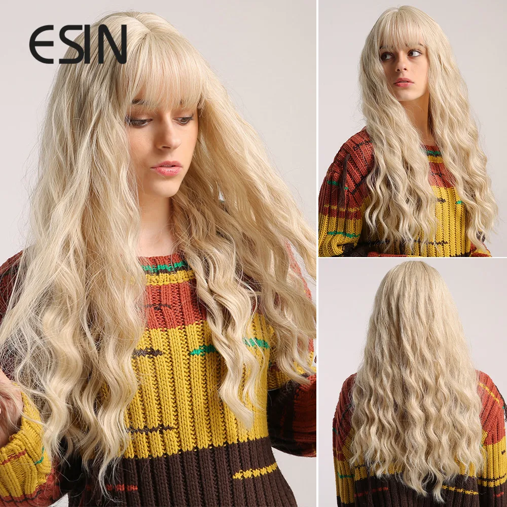 

ESIN Ombre Blonde Brown Long Wave Heat Resistant Synthetic Wigs with Bangs for Women Wig Use and Cosplay Curly Natural Hair