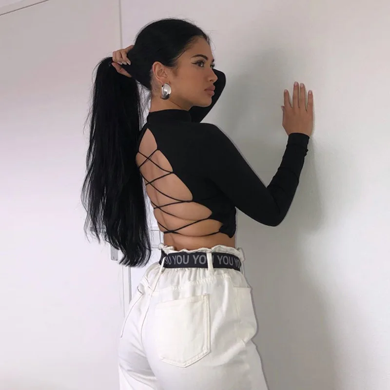 

womon cotton hollow out sexy tshirt bandage backless long sleeve tops Harajuku slim bodycon streetwear knitted tees