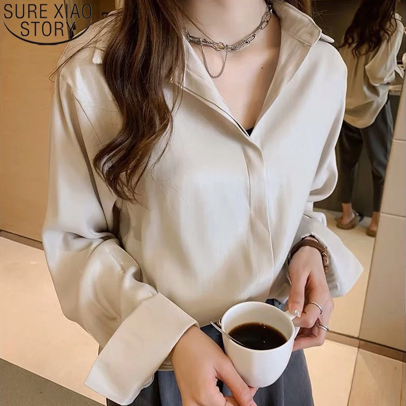 

Women Single Breasted Long Sleeve Solid Casual Satin Blouses New Office Lady Oversized Shirts Casual Tops Blusa Mujer 16961