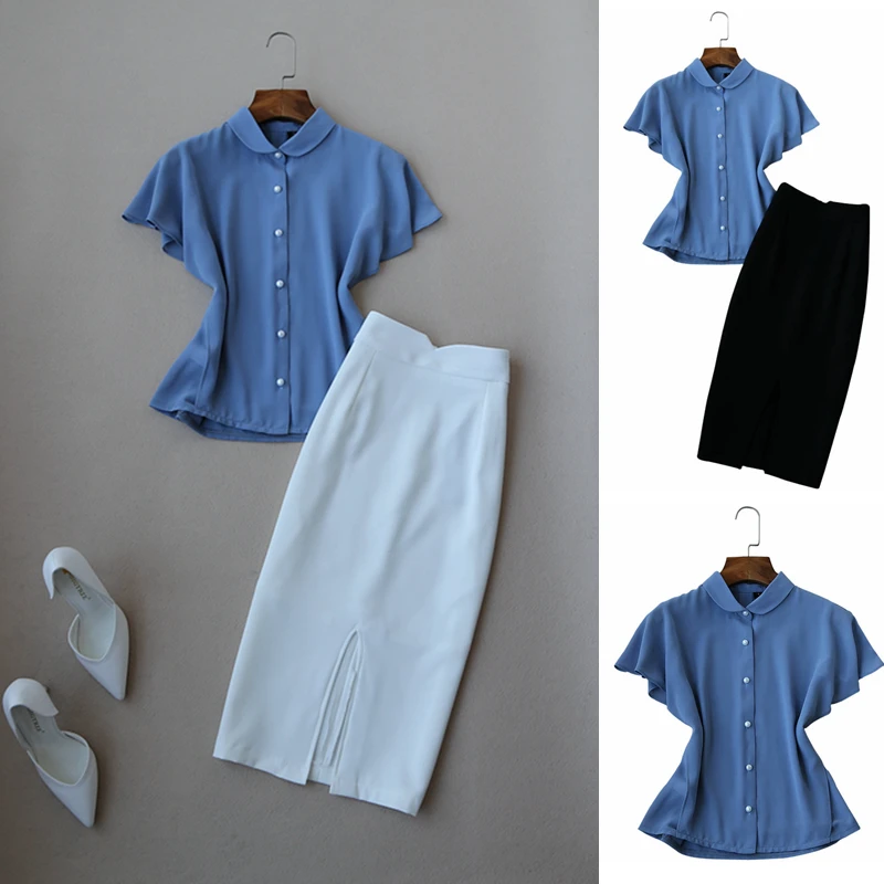 

Women Summer Elegant Clothing Set Office Lady Batwing Short Sleeve Chiffon Shirt and High Waist Skirt One Set