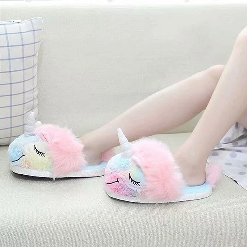 

2020 New Woman Warm Winter Slippers Cute Unicorn Plush Fur Slippers Warm Velvet Floor Slippers Non Slip Shoes for Women