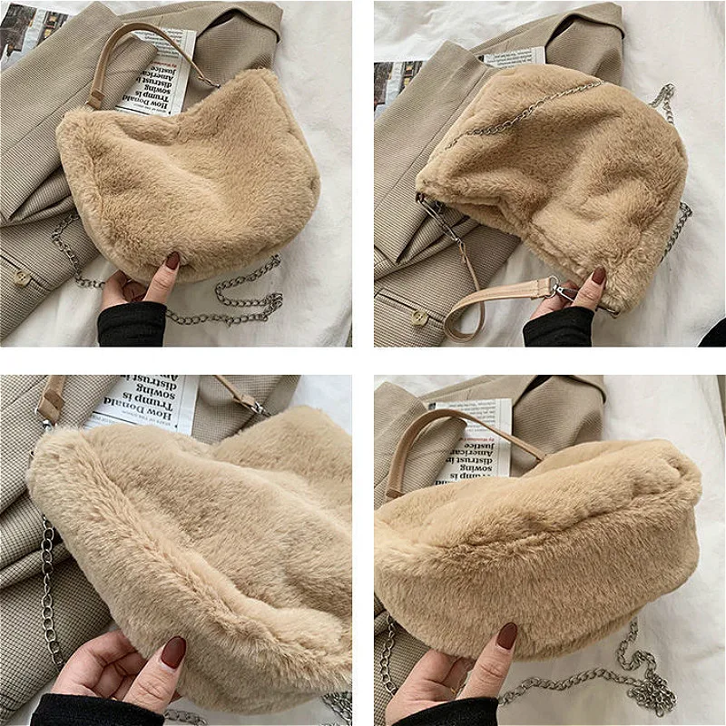 

Top-handle Bags Women Fluffy Plush Leisure Winter Bag Chic Elegant All-match Cross-body Kawaii Vintage Street Solid Chain Strap