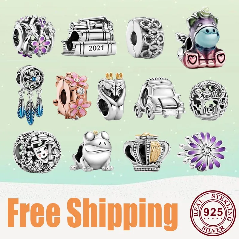 Женский браслет из серебра 2021 пробы с синей маргариткой и лягушкой|Бусины| |