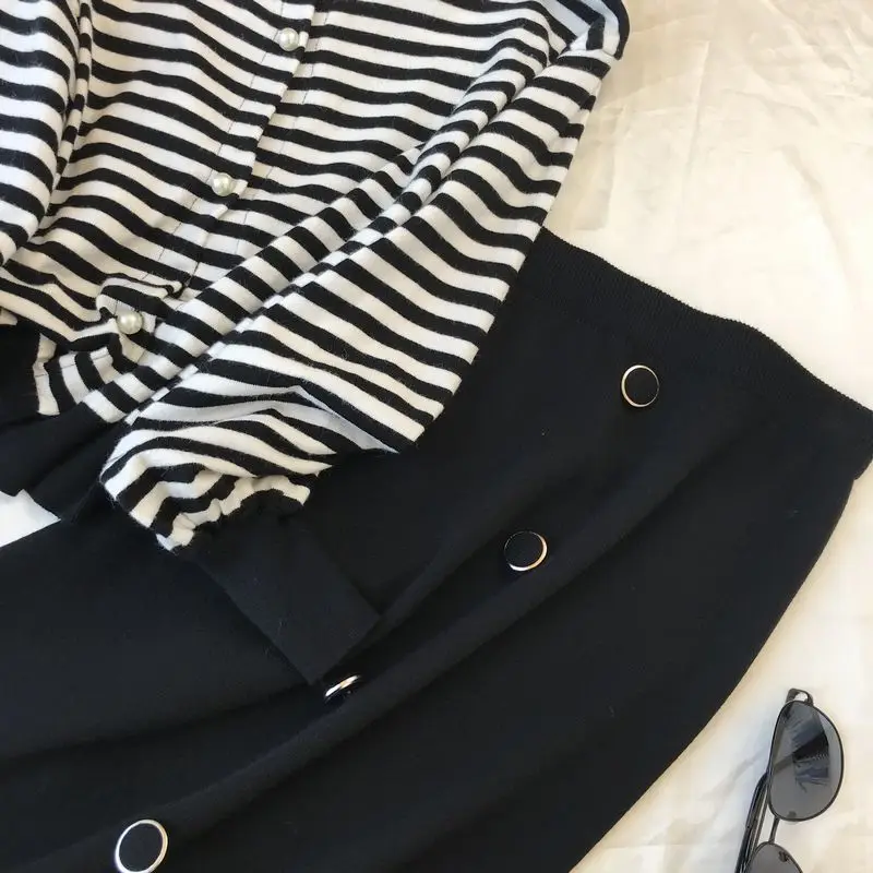 Neploe, маленький аромат, Chandal Mujer, винтажный, для взрослых, полосатый, вязаный, Женский комплект, Осень-зима, короткий кардиган+ широкие штаны, 46470