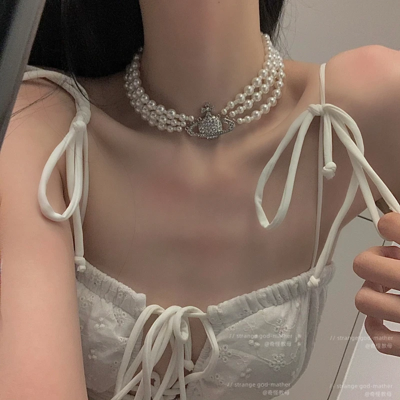 

French Queen's Crown Necklace Choker necklace light luxury boutique diamond Saturn pearl Choker necklace three-layer choker