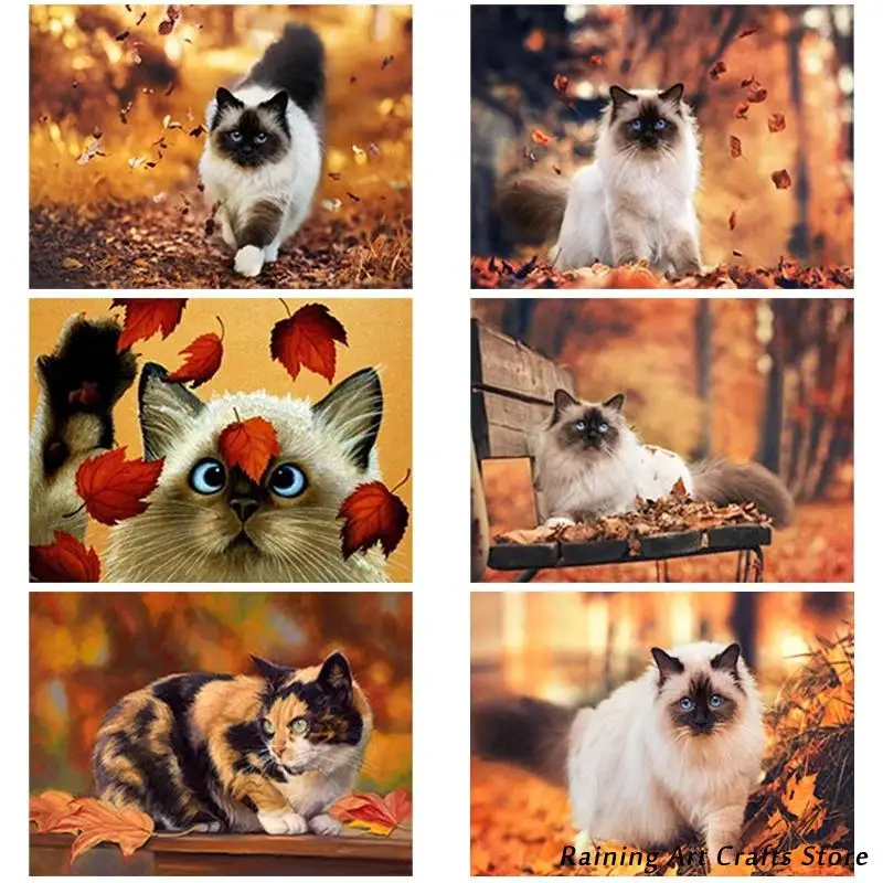 

5D Diy Diamond Painting Cat Embroidery Full Square Round Drill Cross Stitch Kits Autumn Landscape Mosaic Pictures Home Decor
