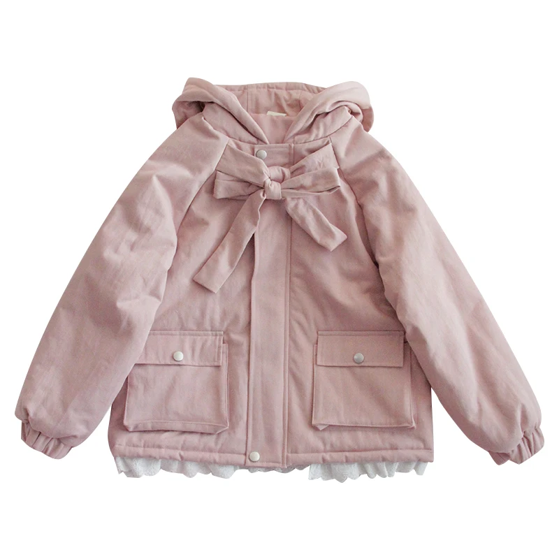

Winter Outer Cotton Clothes Women Japanese Preppy Soft Sister Sweet Cute Bowknot Short Jacket Lace Trim Girl Overcoat Student