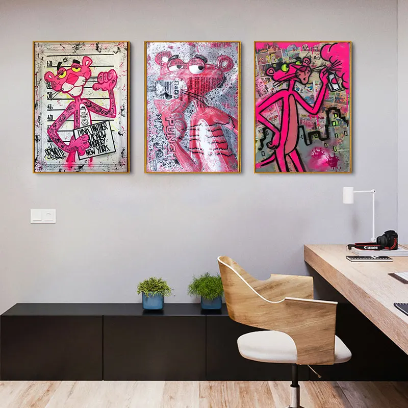 

Graffiti Cartoon Pink Panther Classic Anime Street Art Canvas Painting Posters and Prints Pictures for Living Room Decoration