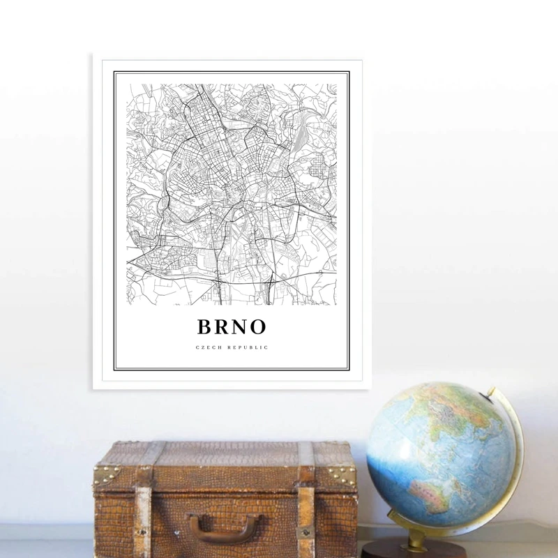 Black White Brno Czech Republic Map Canvas Poster City Coordinate Nordic Wall Art Print Painting Modern Home Decor |