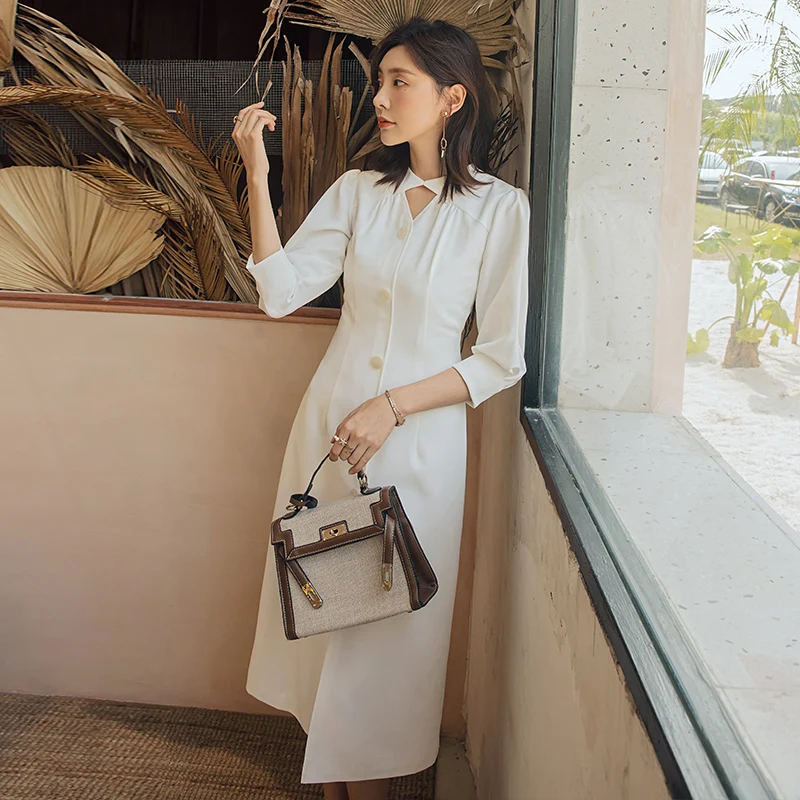 Осеннее длинное белое платье YIGELILA однотонное элегантное трапеция до середины