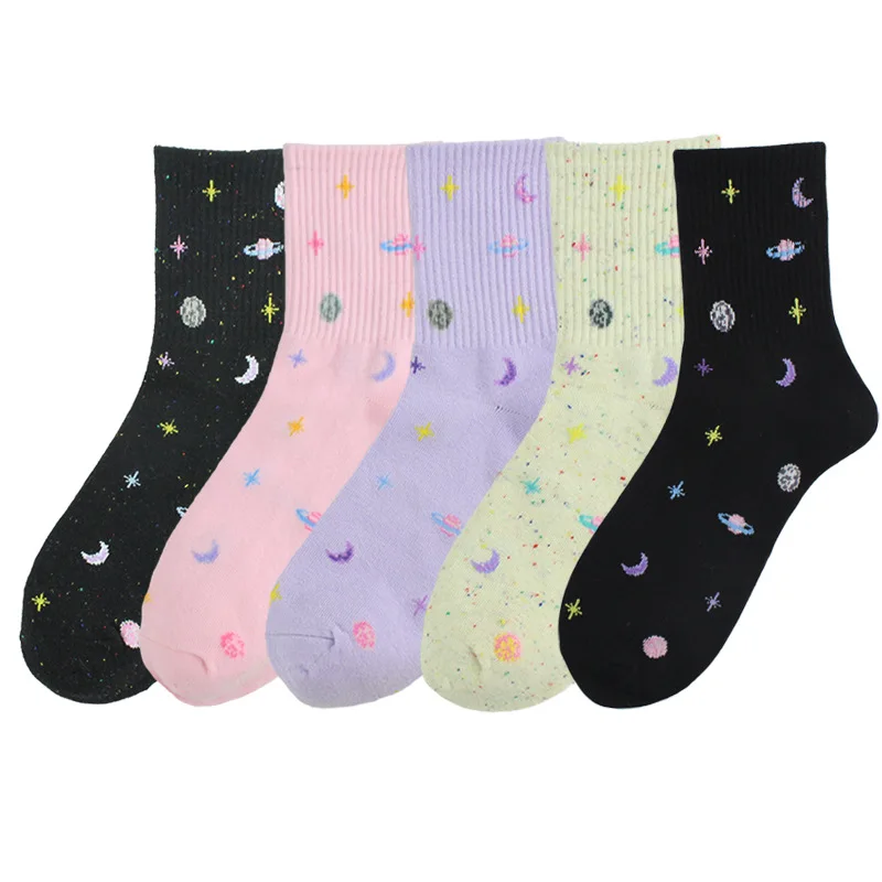 

Spring, Autumn and Winter Fashion Planet Women's Tube Cotton Universe Starry Sky Dot Yarn White Stars Moon Novelty Long Socks
