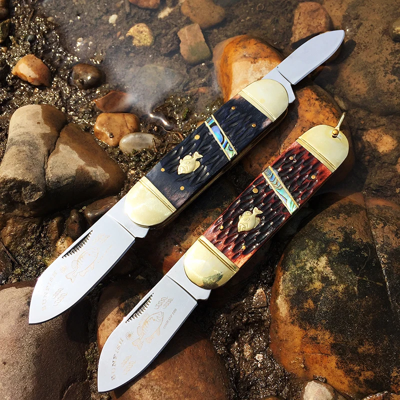 

[Tactical Folding Knife 4116 German Steel Blade Antler Handle Outdoor Survival Pocket Knives Camping Hunting