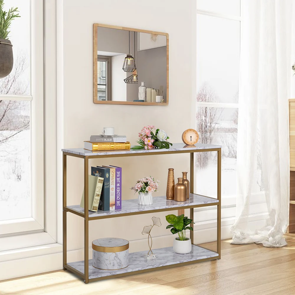 

3-х уровневый консоль журнальный столик промышленный приставной столик 43x14x32 "Белый Мрамор товарный топ золотой рамкой для Гостиная входной ...