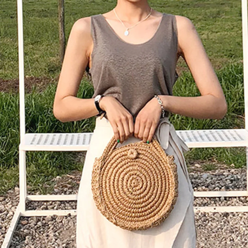 

High Quality Women Woven Circular Straw Handbag Handmade Retro Rattan Shoulder Beach Bag Round Messenger Bags Schoudertassen