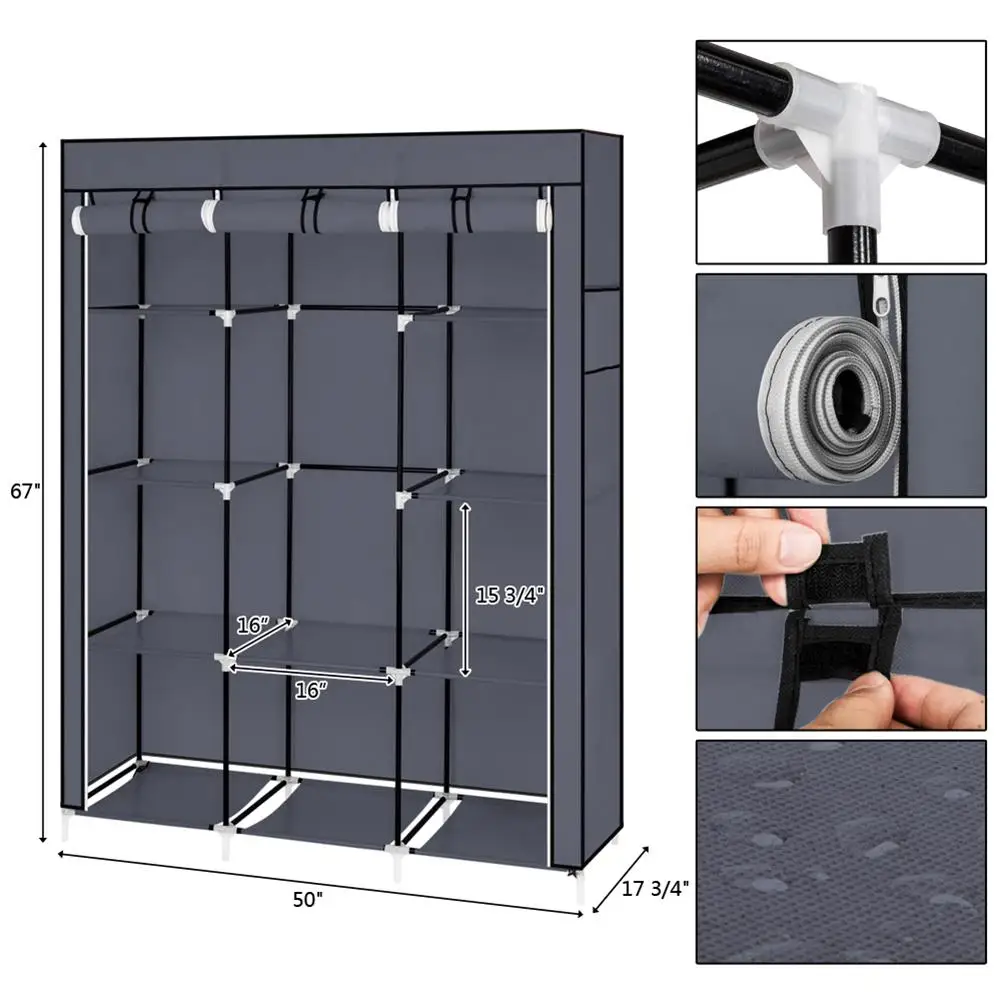 

Multifunction Wardrobe Portable 67Inch Non-woven Fold Closet Storage Cabinet Home Dustproof Moistureproof Furniture Gray/Black