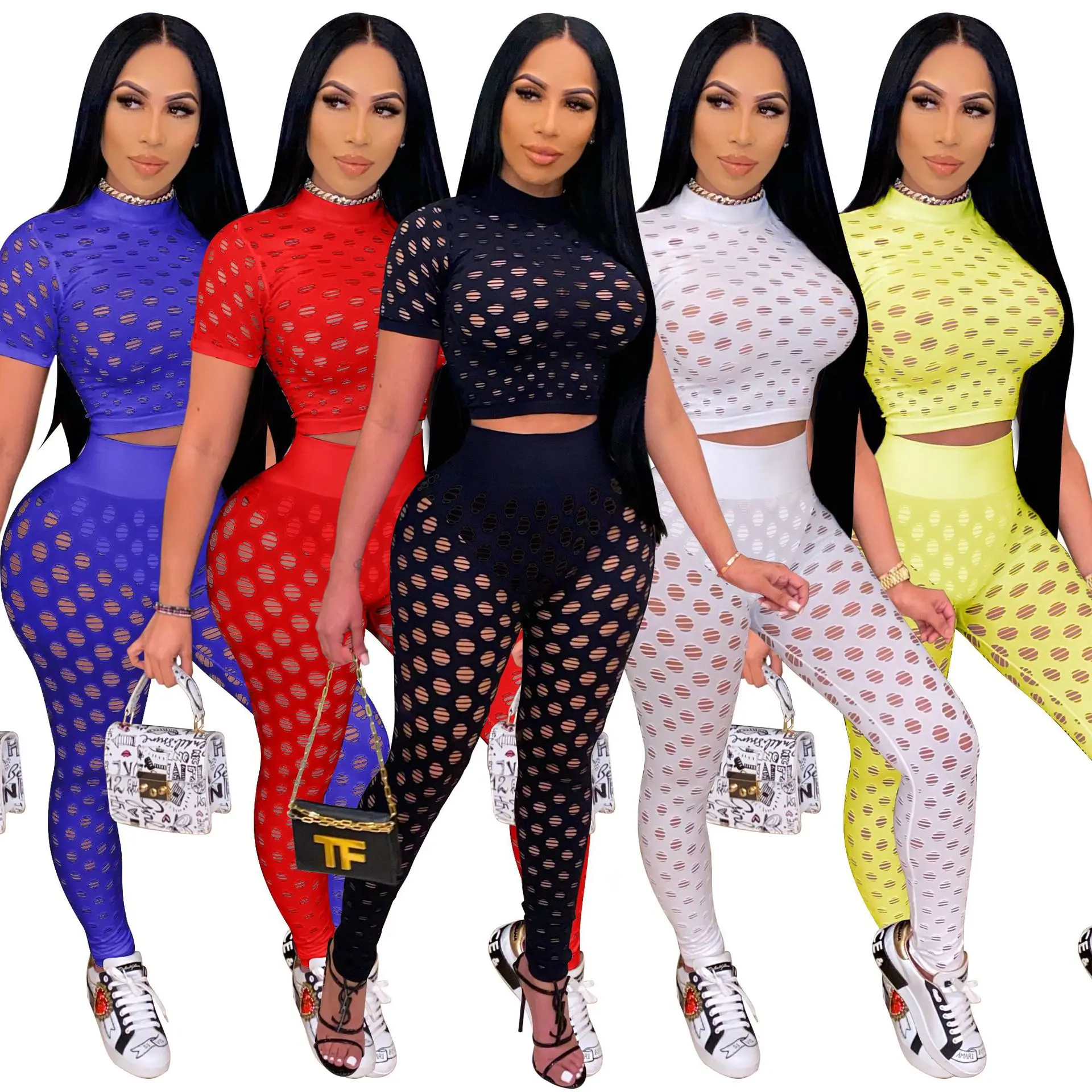 

2021 S-2XL Women Solid Hollow Out Two Piece Set Short Sleeve T Shirt Crop Top Pencil Pants Fashion Casual Active Suit Outfits