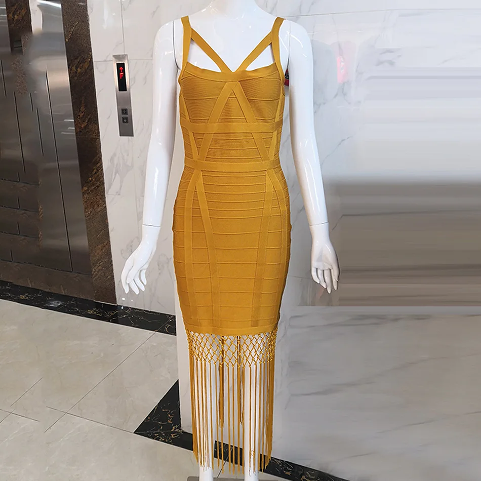 

Lassie sexy fringed bandage dress vestidos de fiesta dress formal woman robe party dress yellow midi dress casual ropa mujer
