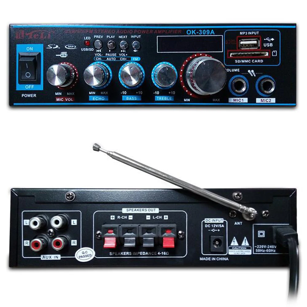 Hi Fi усилитель мощности 2 канала 800 Вт 12/220 В FM SD микрофон Bluetooth дистанционное