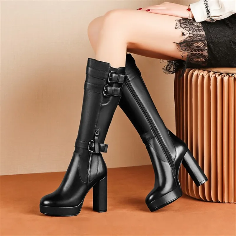 Женские сапоги до колена PXELENA черные из натуральной и искусственной кожи на