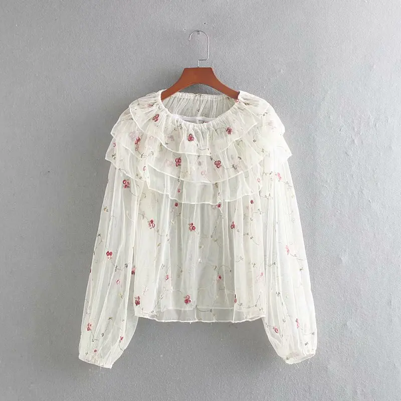 Женская мода 6 цветов Цветочная вышивка Повседневная сетчатая Рубашка Блузки