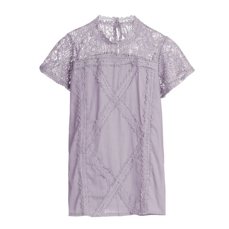 

Womens Ladies Casual Summer Lace Shirt Short Sleeve Hollow Out Blouse T-shirt Tops Pure Color Shirts
