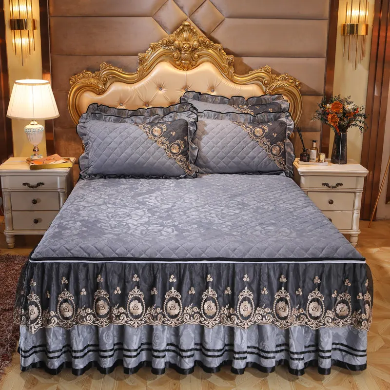 

Luxury Velvet Lace Quilted Bedspread for Bed Double Full Queen King Bed Cover Zippered Bedskirt Dust Ruffles Embossing Soft 3pcs