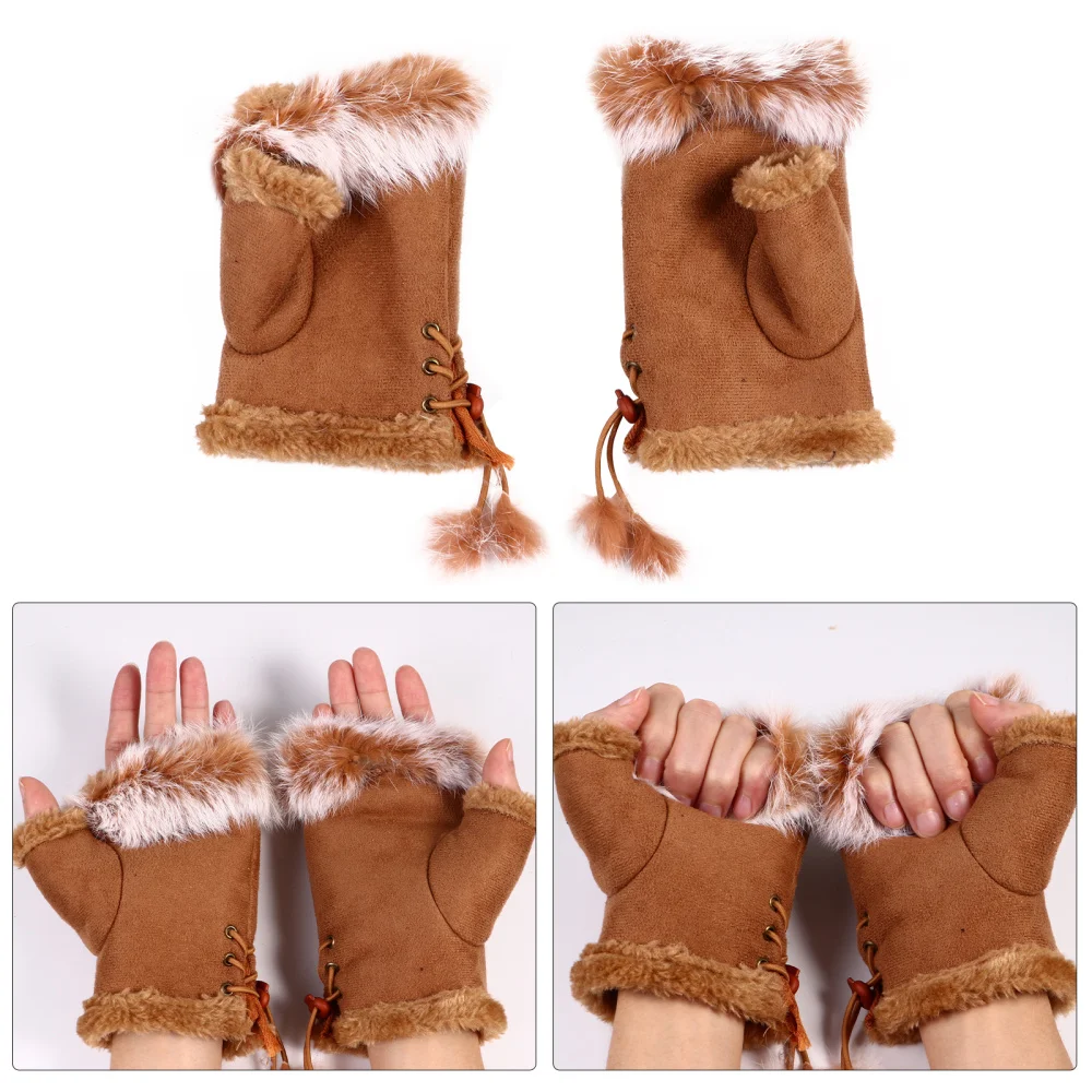 

1 Pair Winter Adjustable Fingerless Warm Plush Mittens for Teens