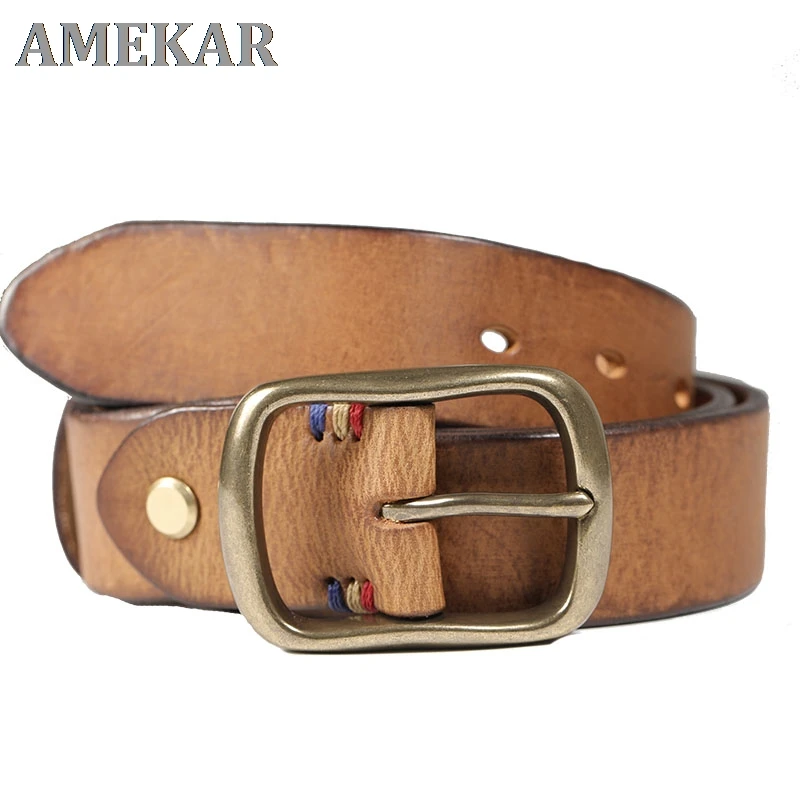

Belt Men's Leather Pure First Layer Cowhide Copper Buckle American Retro Wild Hand-Made Old Pin Buckle Tide Jeans Belt Casual
