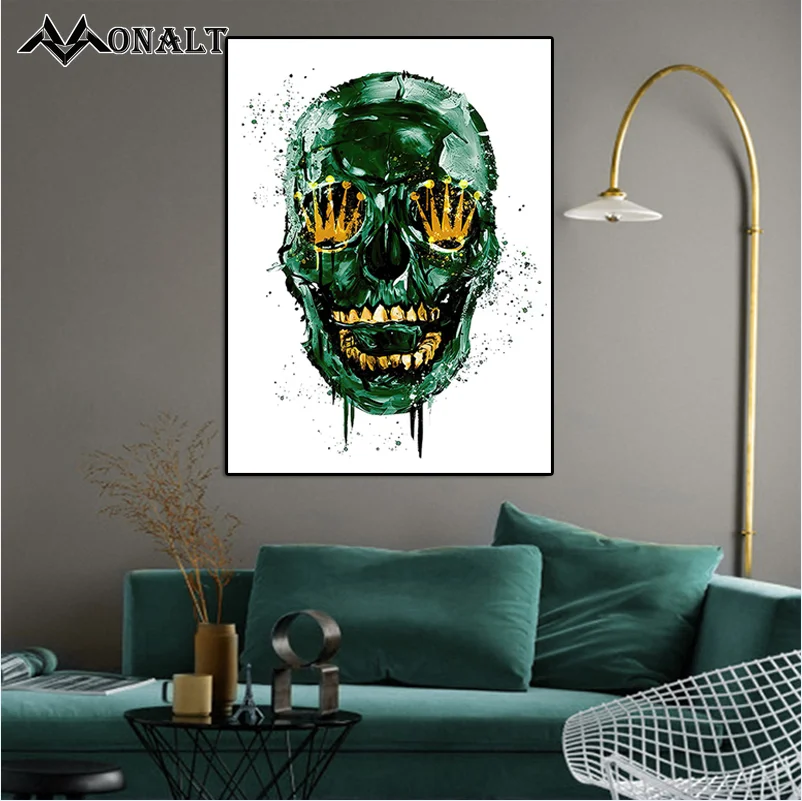 Картина с зеленым черепом граффити золотые зубы корона Череп холст картина