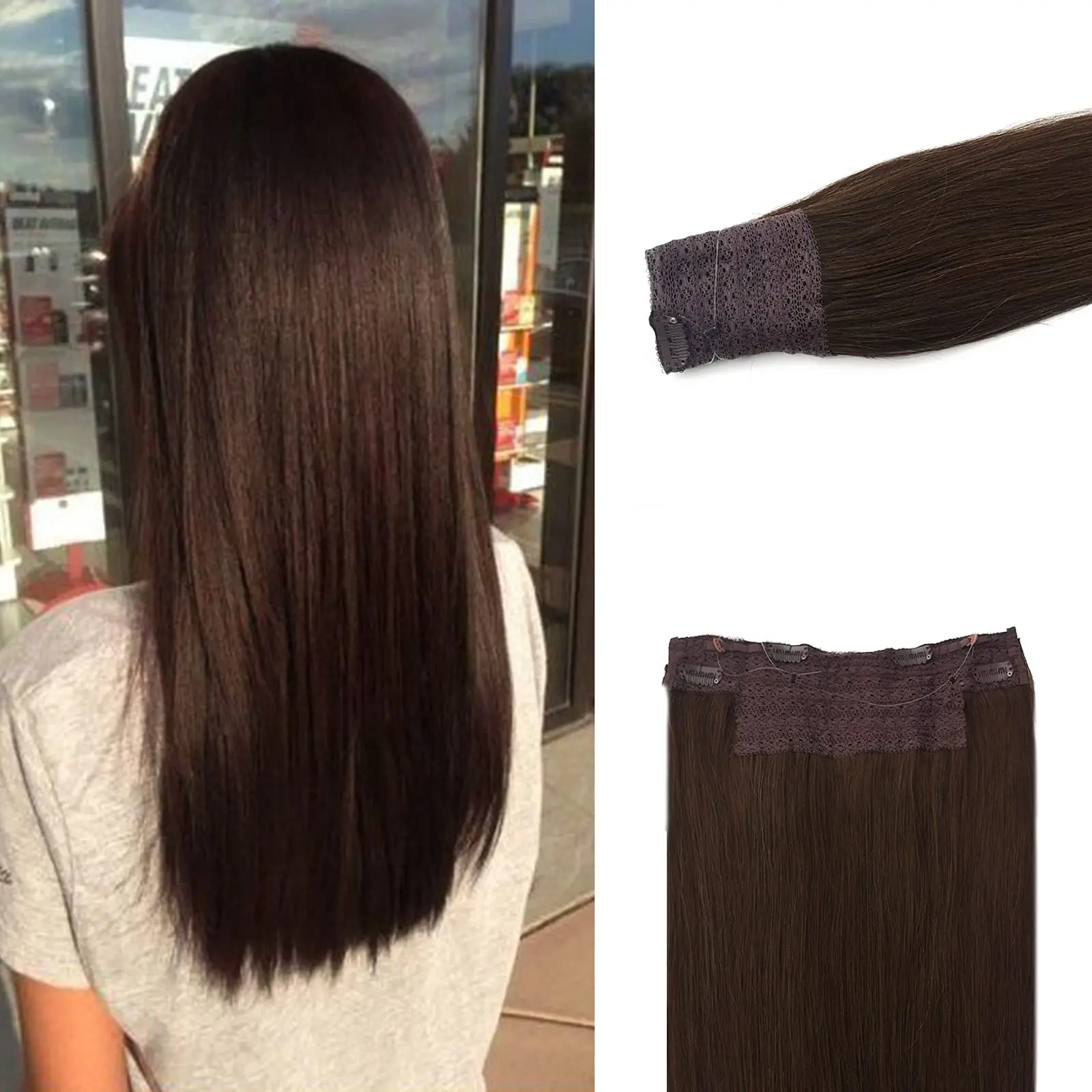 

Brown Invisible Wire Human Hair Extension Brazilian Remy Straight One Piece Transparent Fishline Clip In Human Hair Extensions