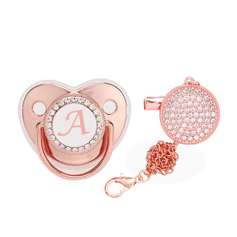 

Luxury Rose gold Initial Letter A Bling Bling Baby Pacifier with Chain Clip Newborn BPA Free Dummy Soother Chupeta Sucette