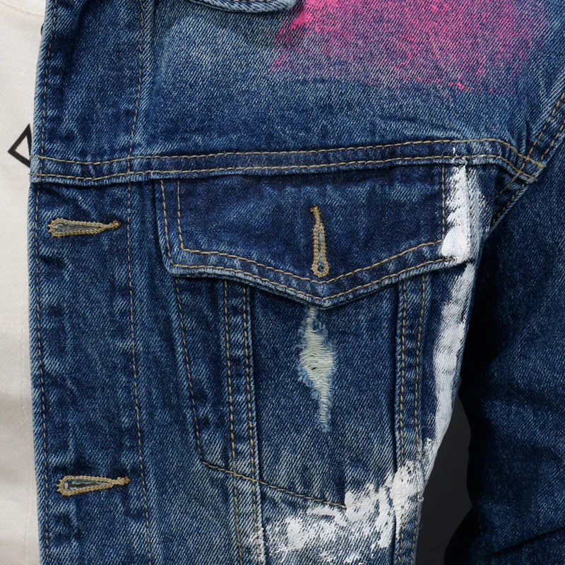 

Ripped Printed Denim Jacket Men Streetwear Graffiti Outerwear Casual Blue Cotton Coat