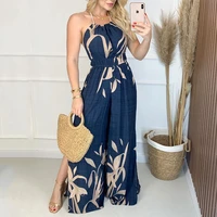 fashion women one piece sleeveless summer overalls beach wear holiday halter colorblock slit wide leg jumpsuit for vacation