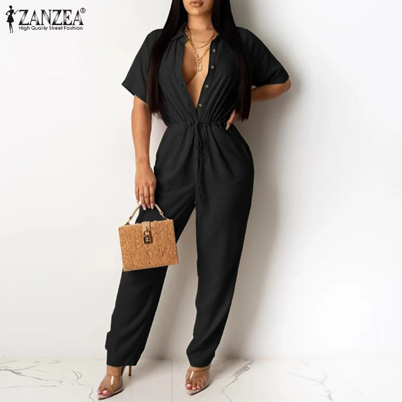 

Elegant Loose Button Drawstring Playsuit ZANZEA Women Casual Cotton Jumpsuits Summer Short Sleeve Lapel Sexy Romper Work OL Pant