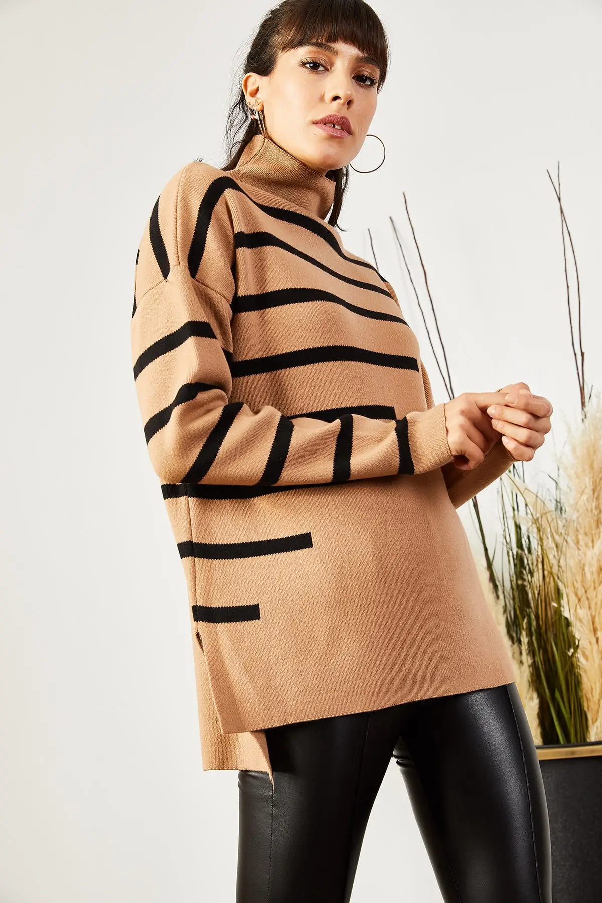 Women's Milk Tea Neck Sweater Asymmetric Striped Sweater Others Women Sweater 2021