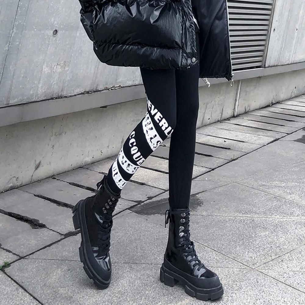 

Леггинсы женские, черные, с высокой талией, с буквенным принтом, для фитнеса, тренировок, в готическом стиле, размера плюс