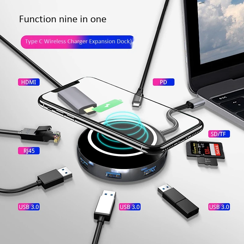 9 в 1 Qi Беспроводное зарядное устройство концентратор USB C 3 Type к 0 HDMI RJ45 кардридер PD