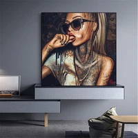 canvas painting abstract cool sexy girl tattoo wearing glasses sexy woman poster portrait wall art living room home decoration