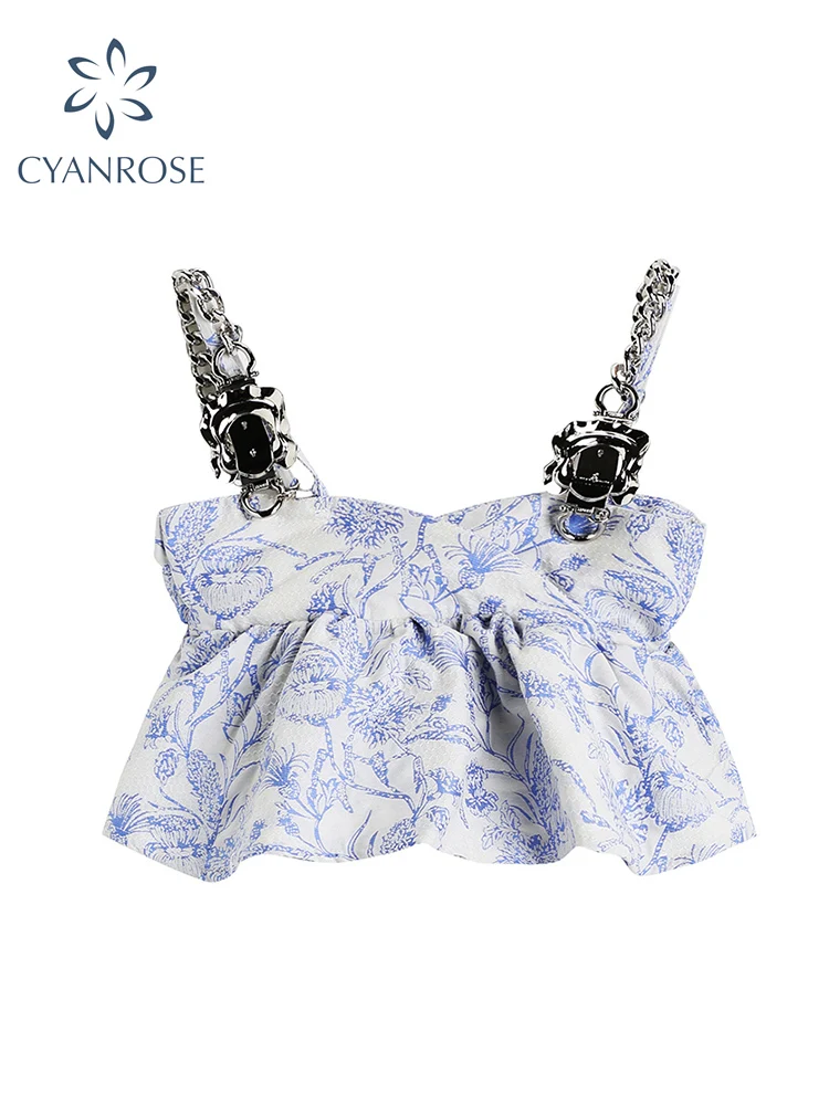 

2022 Women's Sexy Sleeveless Chain Halter Bandage Tops Camis Vintage Floral Print Harajuku Female Fashion Off Shoulder Crop Top