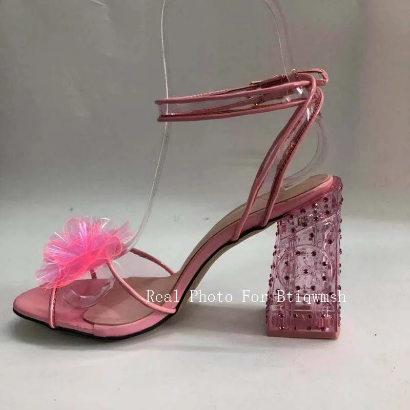 Green Crystal Sandals Women Open Toe Flower Rhinestone Ankle Strap Transparent High Heel Shoes Woman Fashion Wedding Shoes