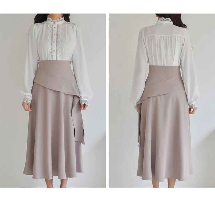 

Spring 2021 Elegant Women 2-Piece Set Korean Long Sleeves Lace Splicing Shirt Fashion High Waist Skirt Female Office Casual Suit