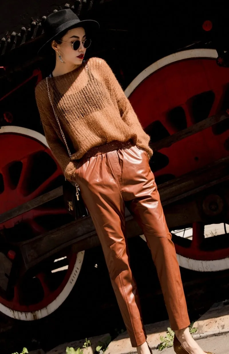 

Large Size Sheepskin Women Genuine New Ankle-Length Pencil Pants Elastic Waist Luxury Real Leather Trousers Lady