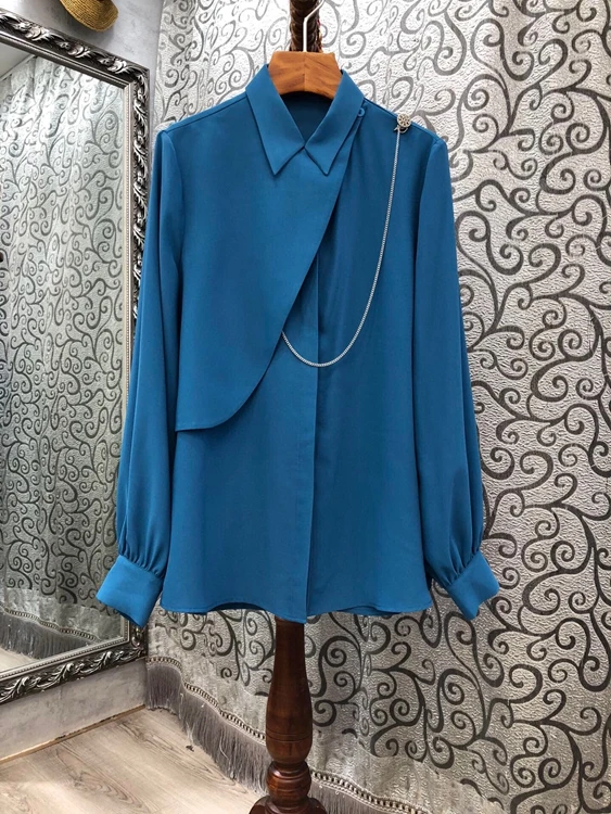 

2020 Autumn and Winter new women's lapelirregular stitch drillchain decorative solid color long sleeve shirt 924