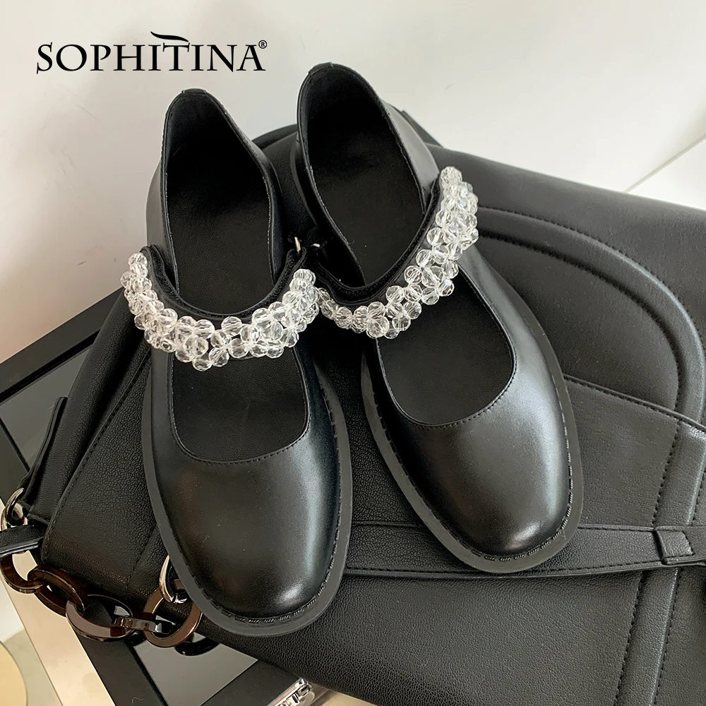 

SOPHITINA Flat Woman High Platfrom Shallow Round Toe Gneuine Leather Crystal String Bead Mary Janes Lady Shoes PB41