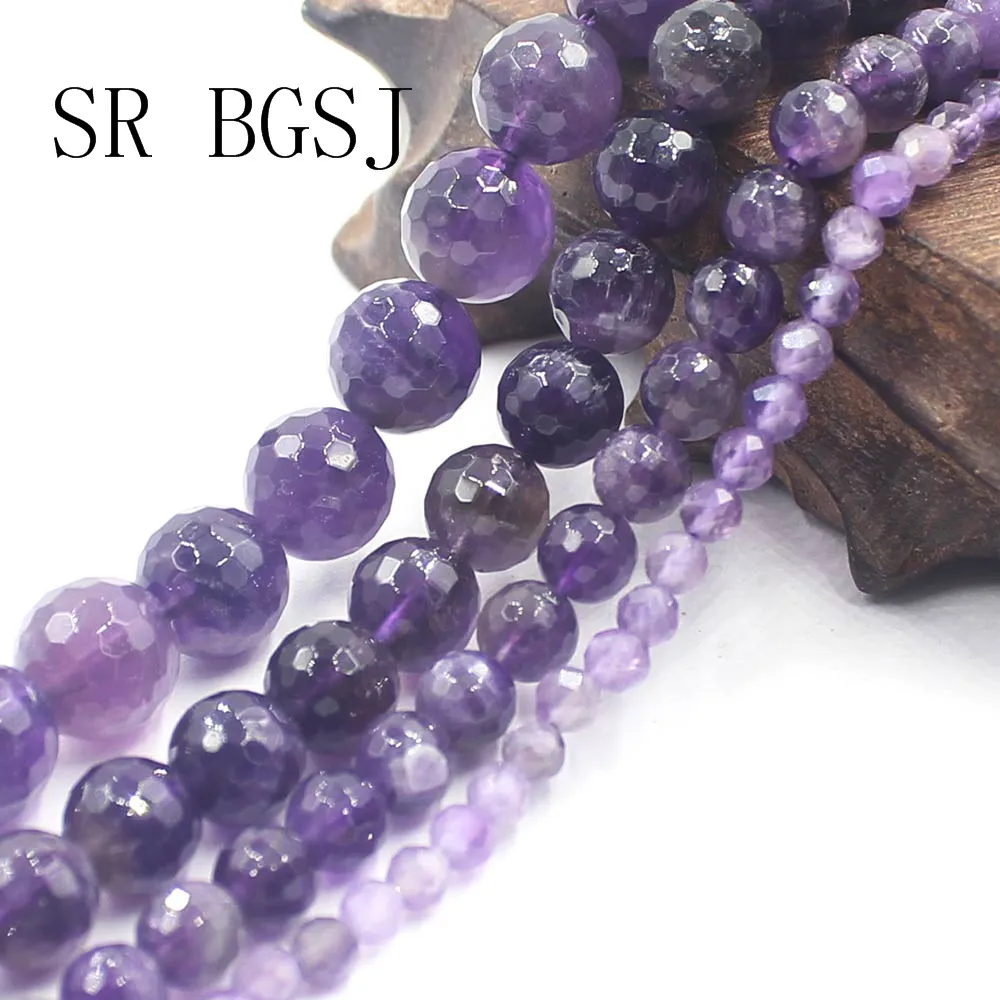 Бесплатная доставка 4 мм 6 8 10 аметисты фиолетовые кварцевые граненые круглые